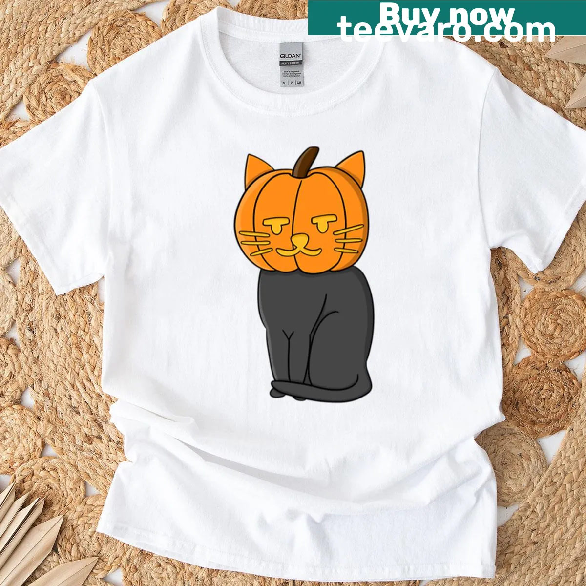 Illustration of a cat with a pumpkin head in a cute design. — on a men's t-shirt