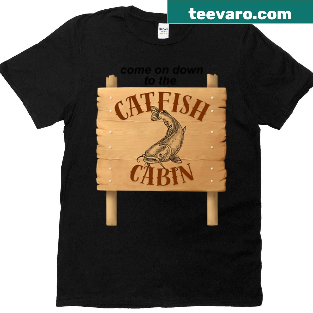 T-shirt with a cabin and fishing theme illustration. — on a men's t-shirt