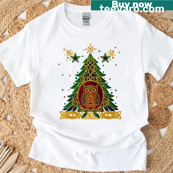 T-shirt with a Celtic owl and Christmas tree illustration