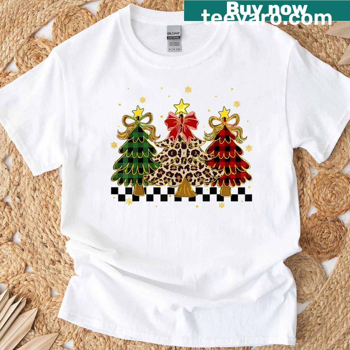 Festive T-shirt featuring checkered Christmas trees with plaid and leopard patterns — on a men's t-shirt