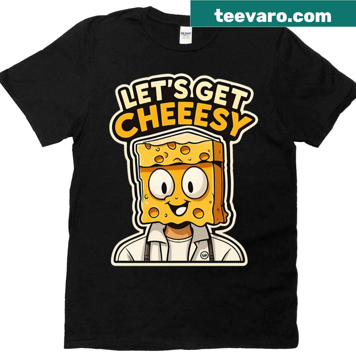 Cartoon scientist with a big smile on a humorous oversized t-shirt — on a men's t-shirt