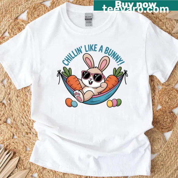 Cartoon design of a relaxed bunny with the text Chilling Like A Bunny