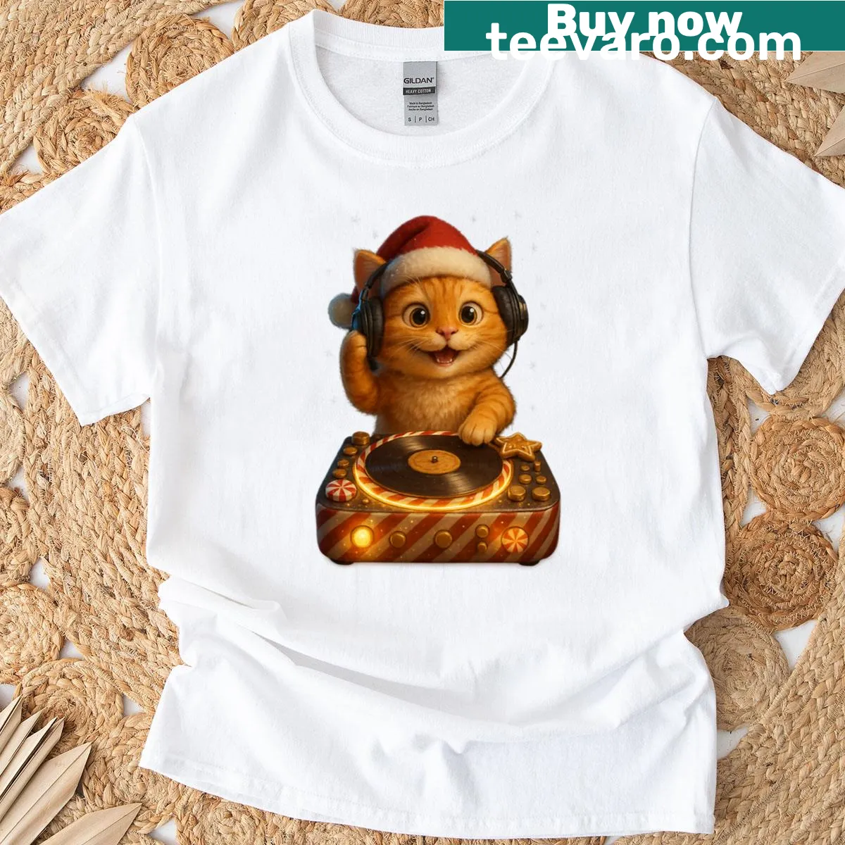 Funny Christmas T-shirt featuring a DJ cat in a festive party setting — on a men's t-shirt