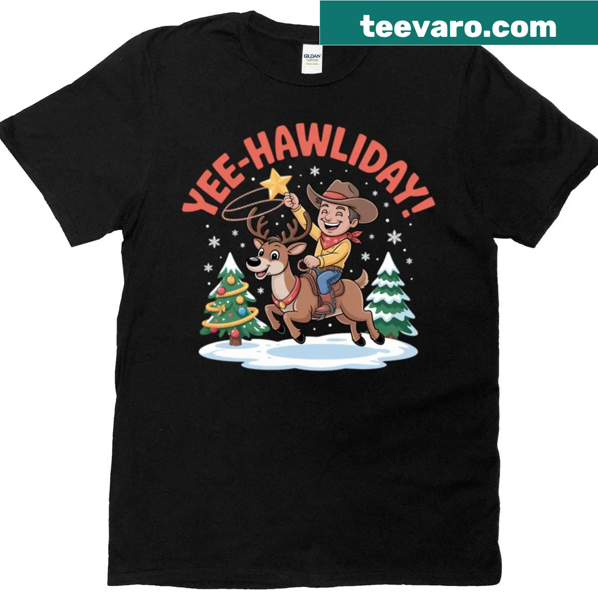Cartoon cowboy celebrating Christmas on a whimsical t-shirt — on a men's t-shirt