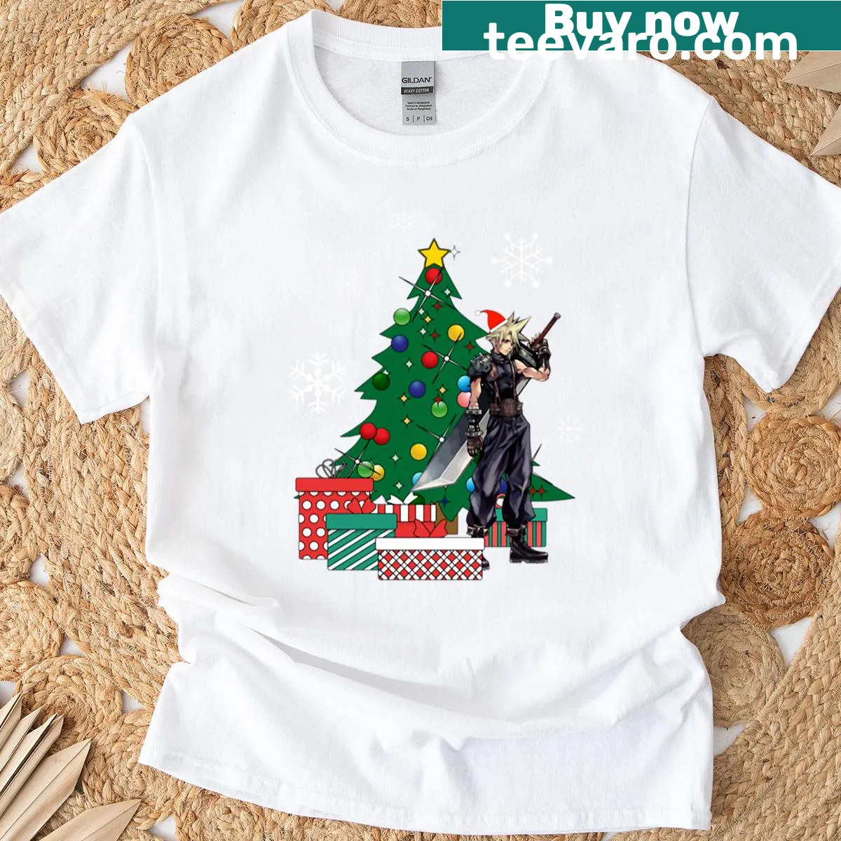 Cloud Strife Christmas T-shirt with festive tree — on a men's t-shirt