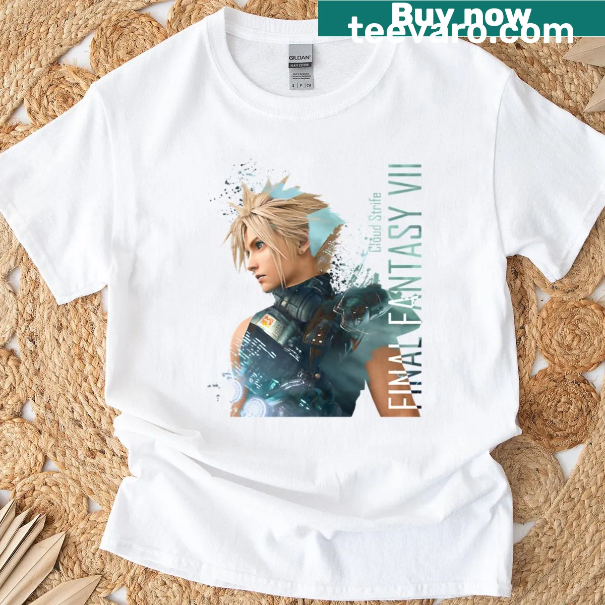 Illustration of Cloud Strife from Final Fantasy 7 T-shirt — on a men's t-shirt