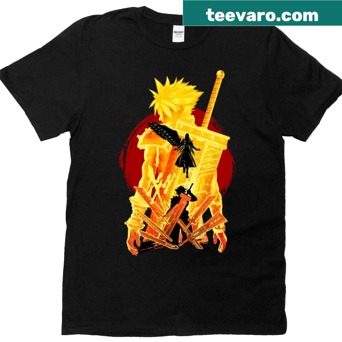 Illustrated Cloud vs Sephiroth graphic on a T-shirt — on a men's t-shirt