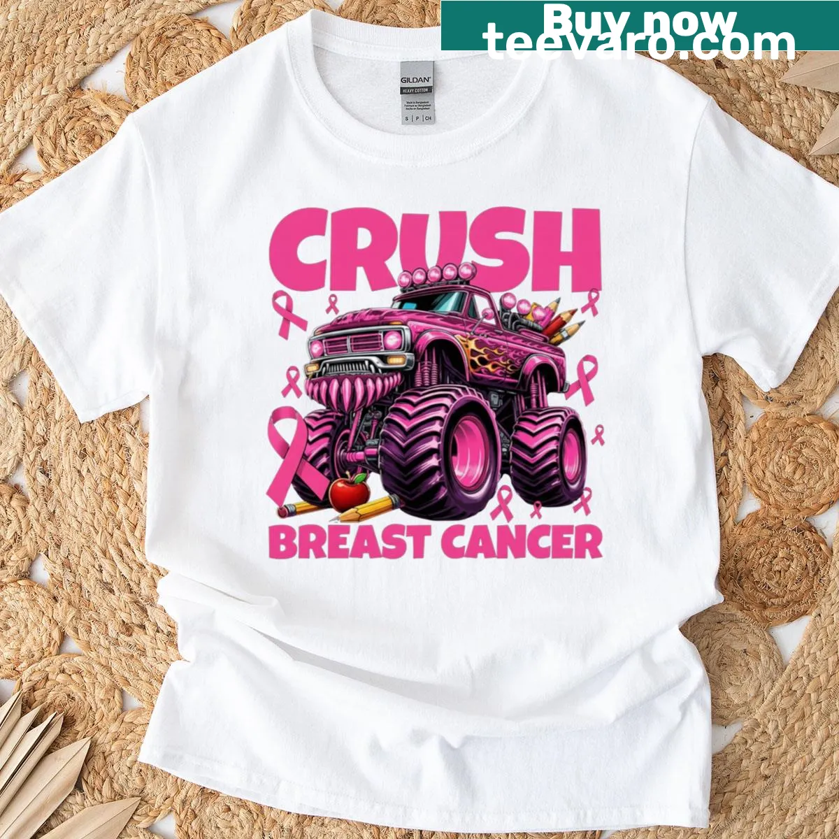 Kids t-shirt featuring a monster truck and pink ribbon design — on a men's t-shirt