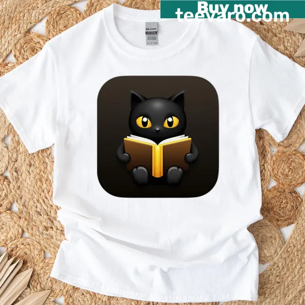 Illustration of a cute black cat reading with golden details