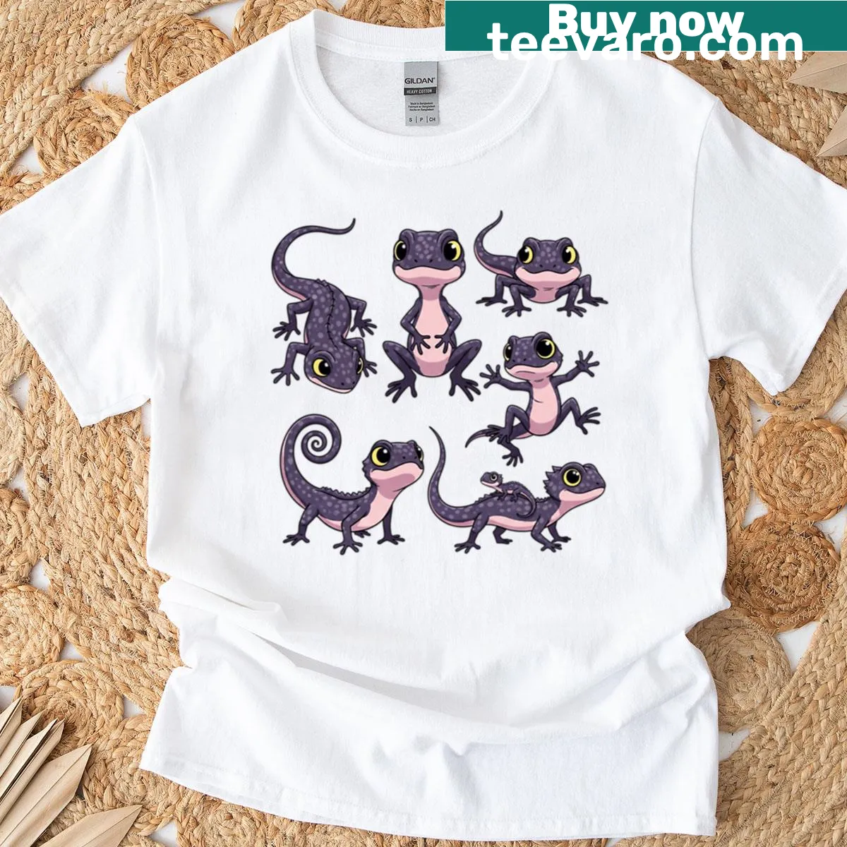 Cute T-shirt featuring cartoon lizards and geckos in a playful design — on a men's t-shirt