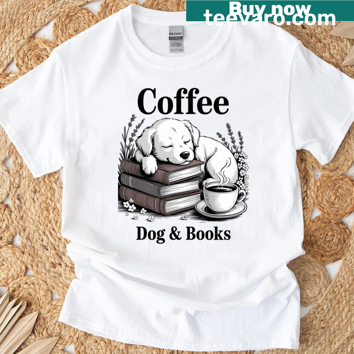 Illustration of a dog with coffee and books in a cute design — on a men's t-shirt