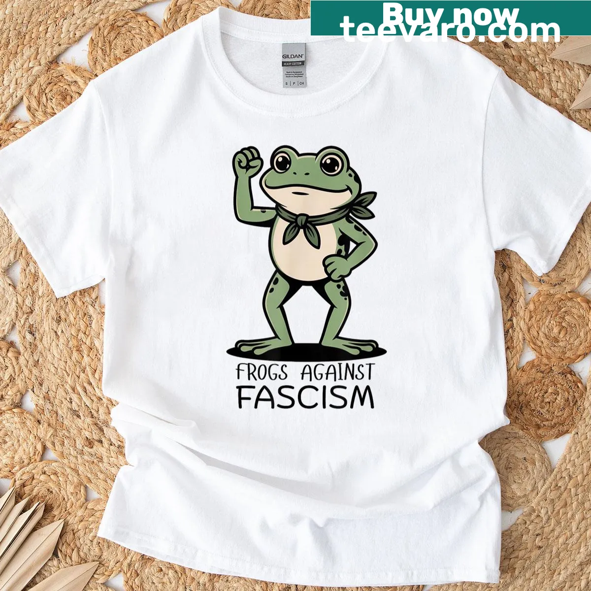Cartoon frog design protesting against fascism — on a men's t-shirt