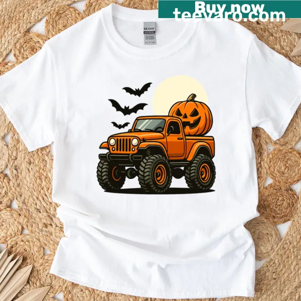 Retro truck with pumpkins and bats design on T-shirt