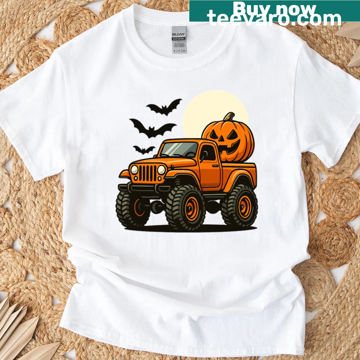 Retro truck with pumpkins and bats design on T-shirt — on a men's t-shirt