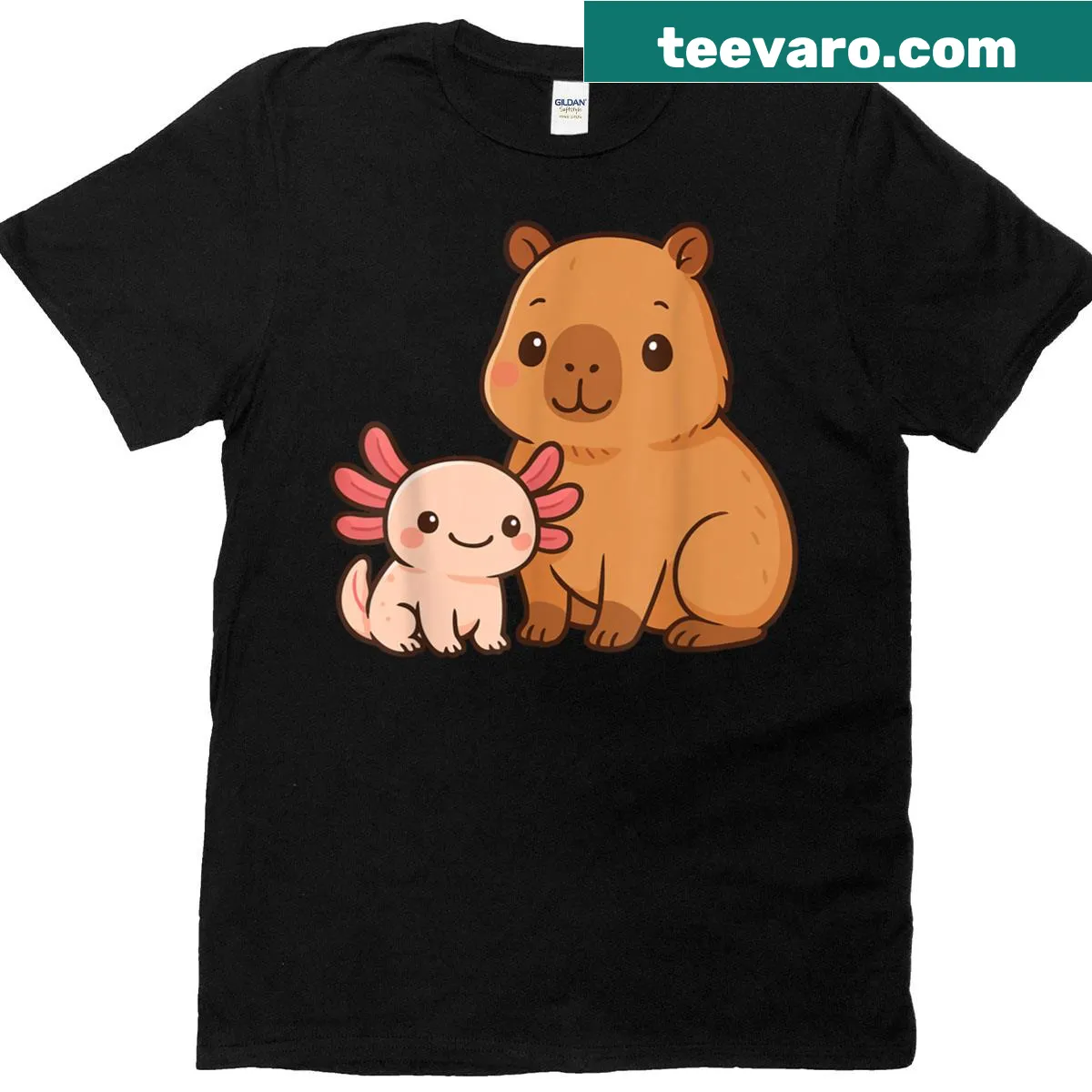 Adorable axolotl and capybara cartoon graphic — on a men's t-shirt