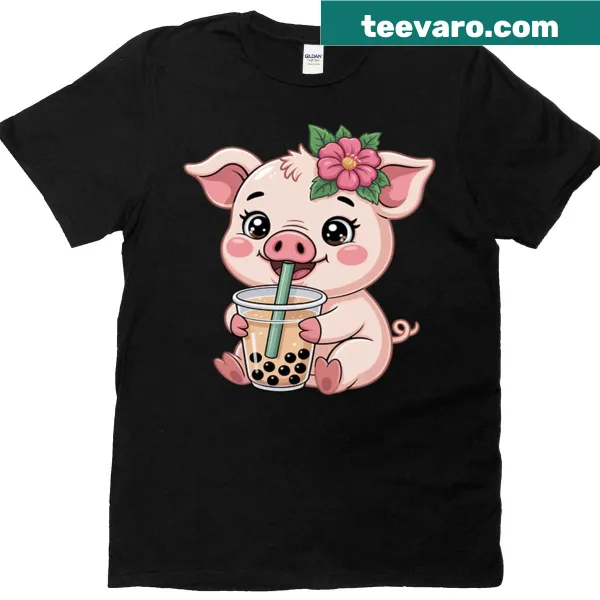 Kawaii cartoon pig drinking bubble tea graphic on a T-shirt