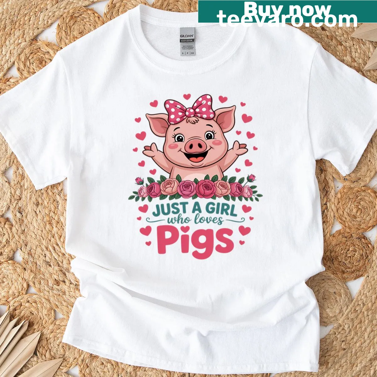 Cute t-shirt featuring a girl and a pig graphic. — on a men's t-shirt