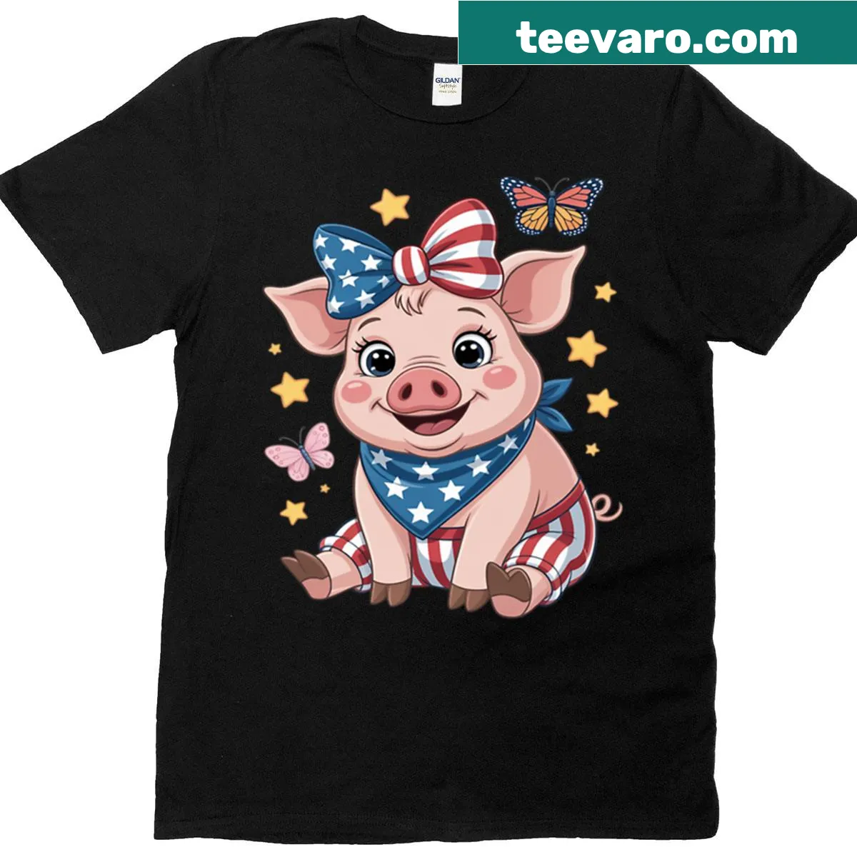 Cute pig with bandana and American flag graphic — on a men's t-shirt