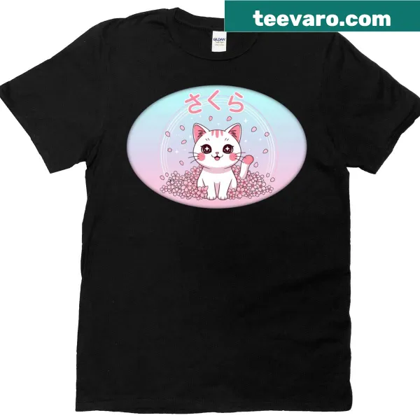 Kawaii cat with cherry blossoms design on a T-shirt