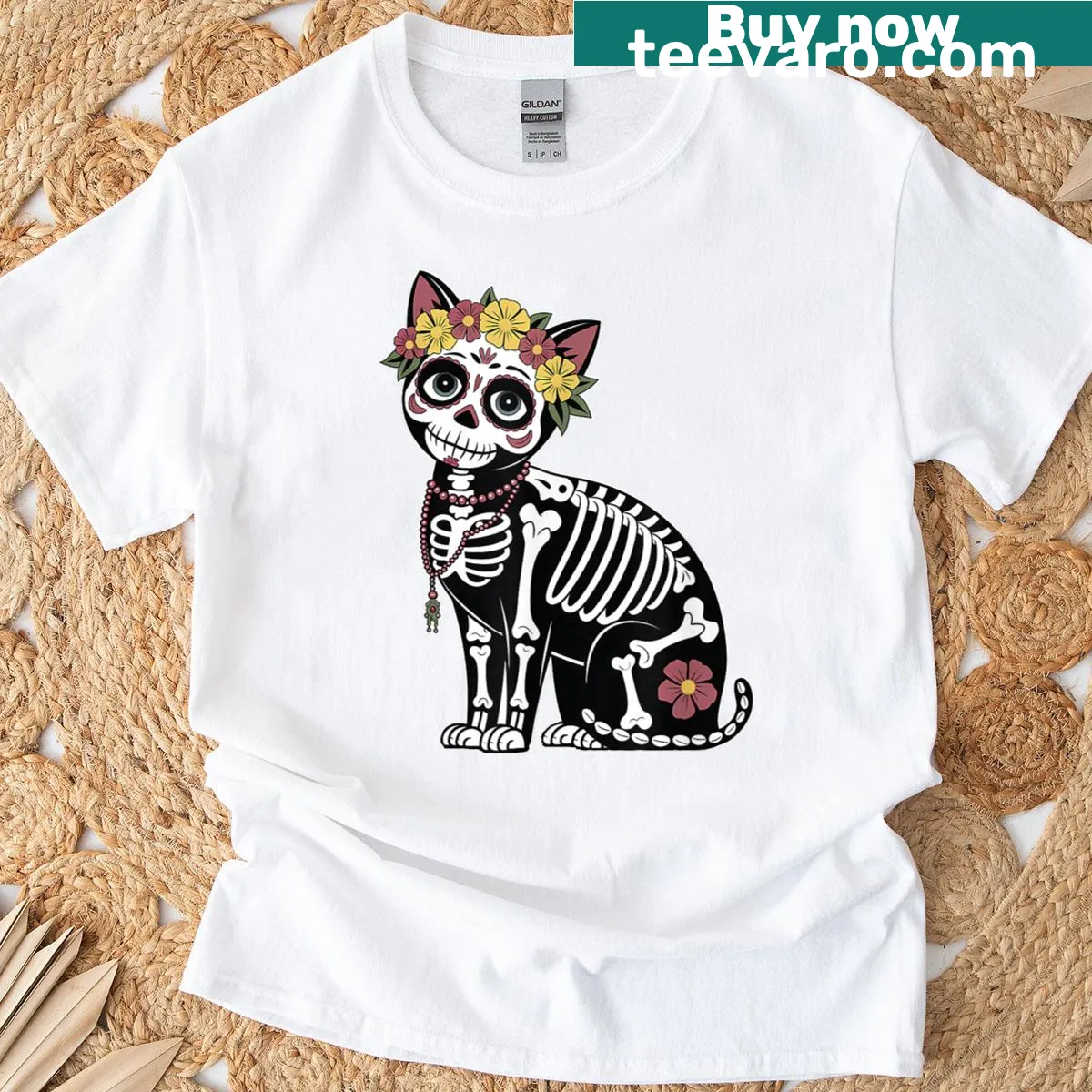 Cartoon skeleton cat design on Halloween-themed t-shirt — on a men's t-shirt