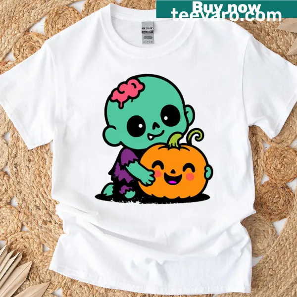 Cute zombie hugging a pumpkin in a Halloween graphic design.