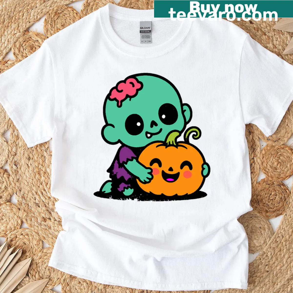 Cute zombie hugging a pumpkin in a Halloween graphic design. — on a men's t-shirt