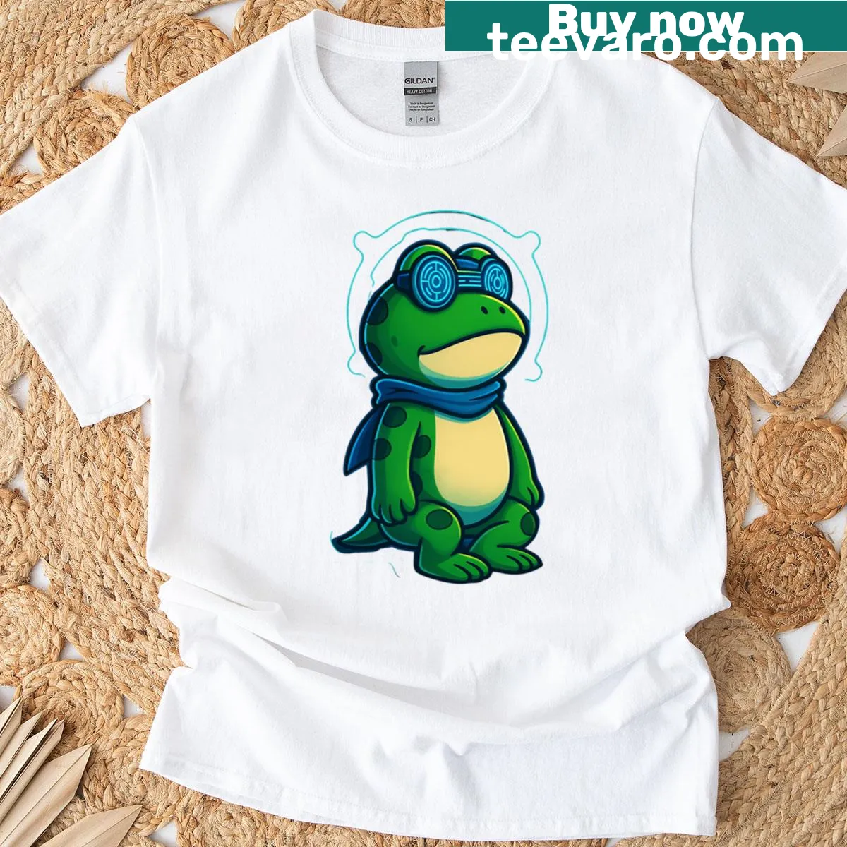 Futuristic cyber frog design with neon elements on a t-shirt — on a men's t-shirt