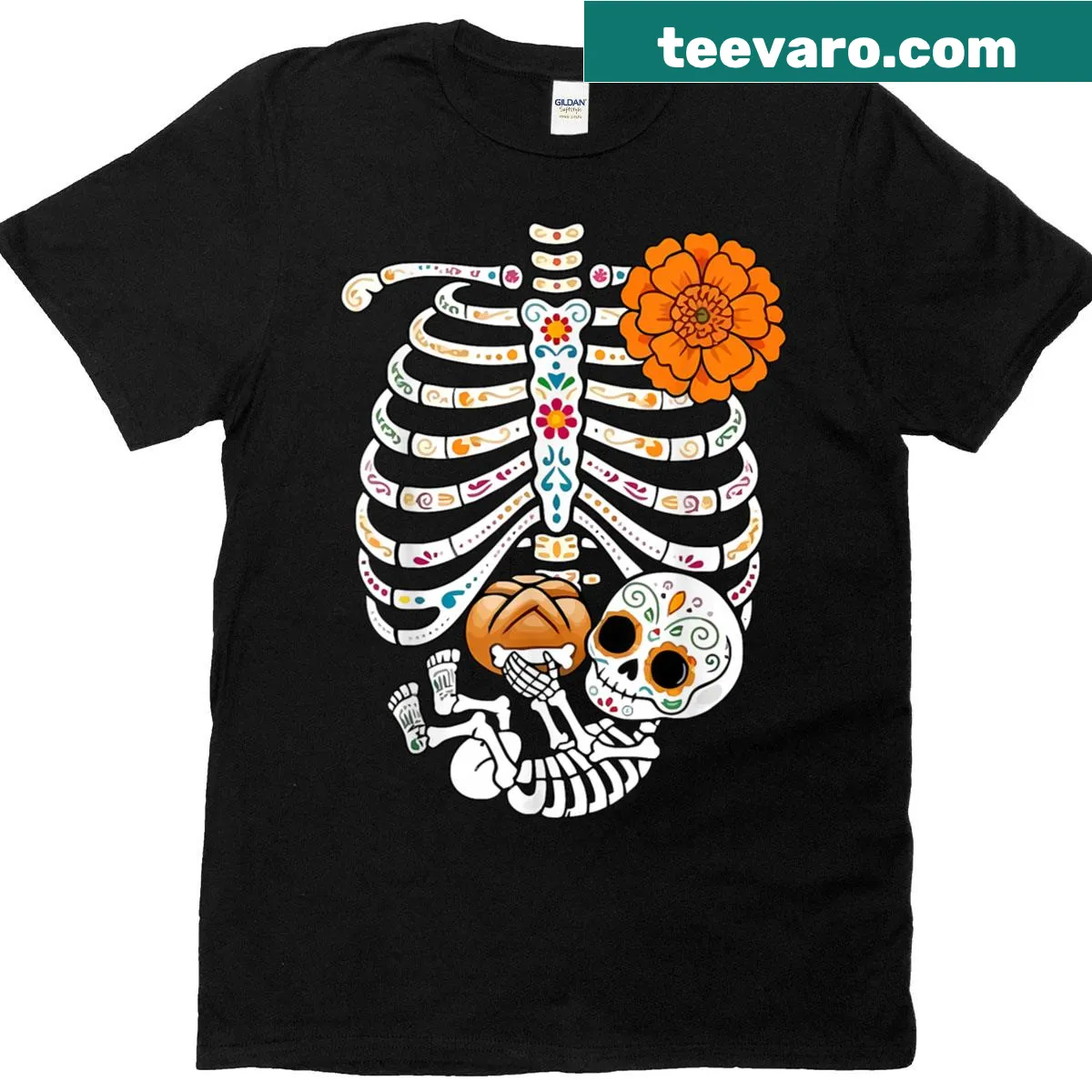 Sugar skull and rib cage design on a Halloween T-shirt — on a men's t-shirt