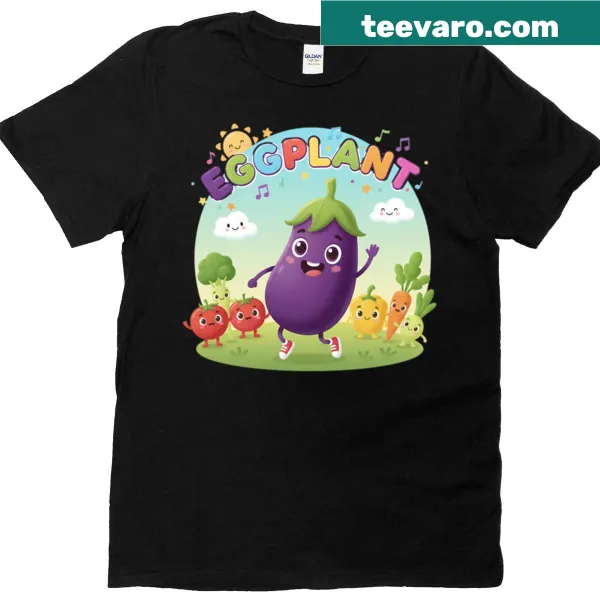 Cheerful dancing eggplant and veggies illustration on T-shirt