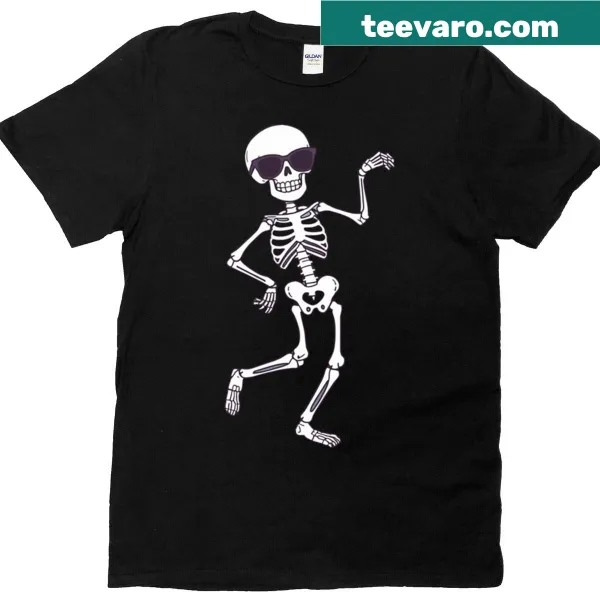 Funny Halloween t-shirt with a dancing skeleton wearing sunglasses