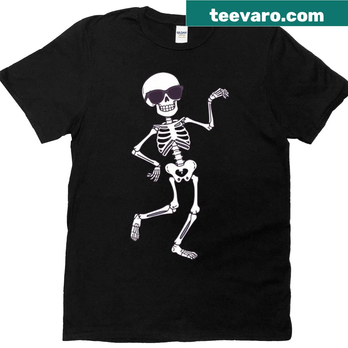 Funny Halloween t-shirt with a dancing skeleton wearing sunglasses — on a men's t-shirt