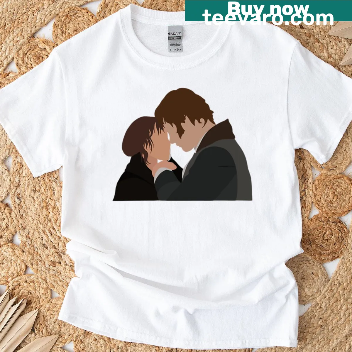 T-shirt featuring Darcy and Elizabeth Rain Scene illustration — on a men's t-shirt
