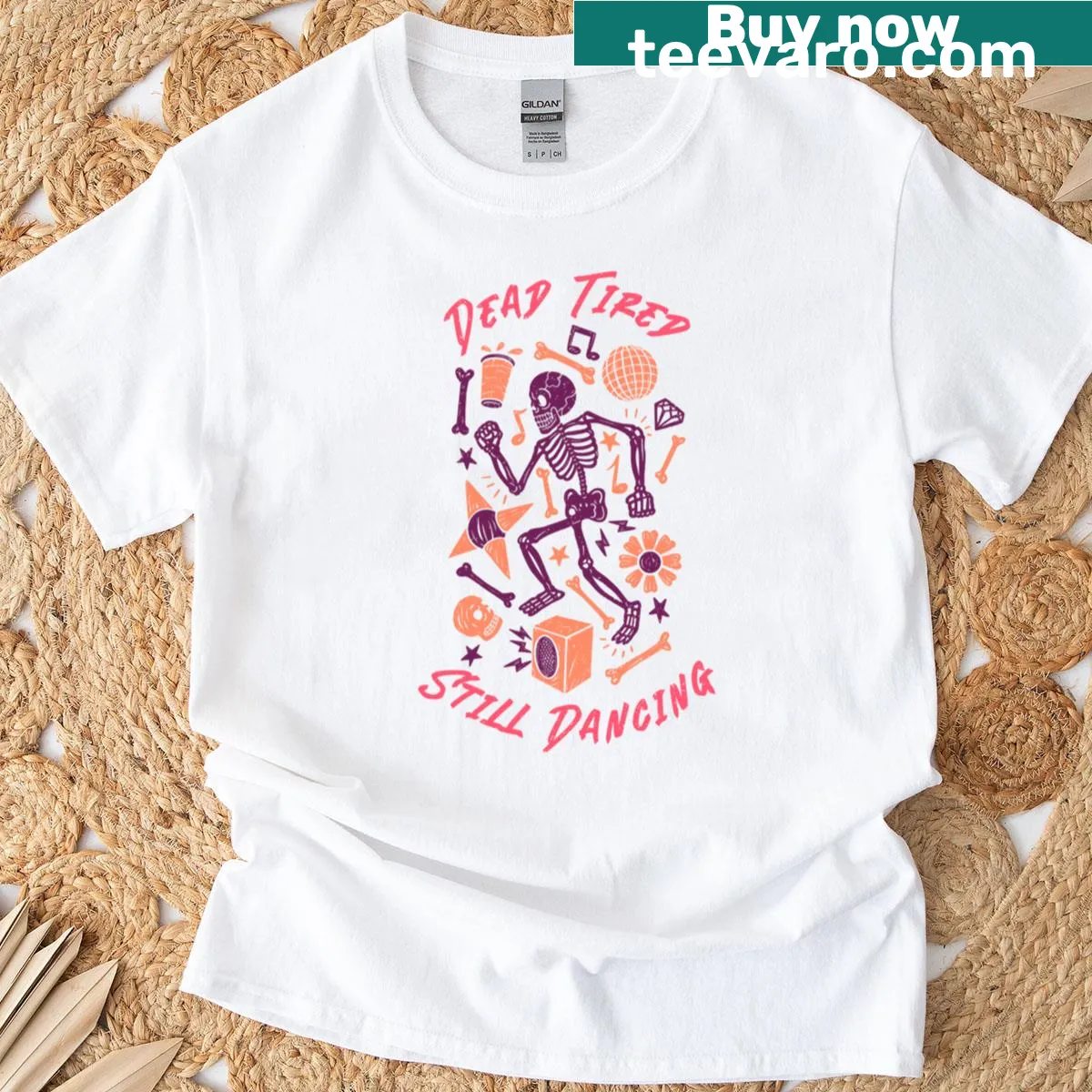 Cartoon skeleton dancing despite being tired on a T-shirt. — on a men's t-shirt