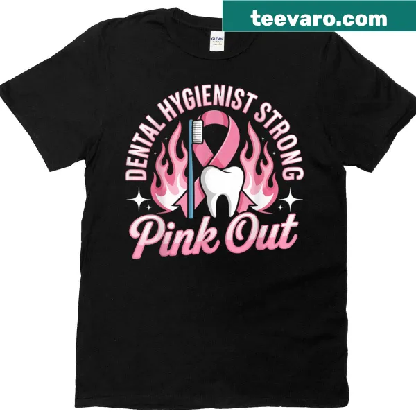 Dental Hygienist T-shirt featuring a pink ribbon for breast cancer support