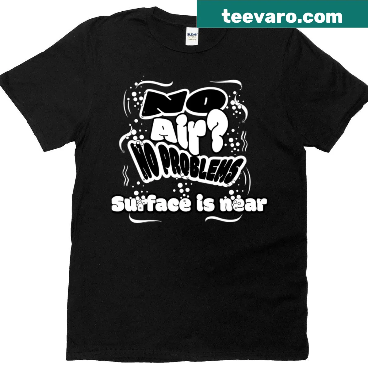 Humorous diving saying 'No Air, No Problem' on an oversized t-shirt — on a men's t-shirt