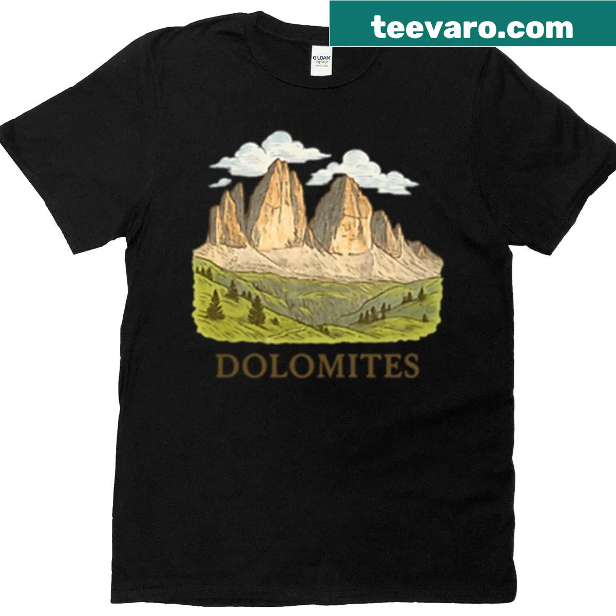 Illustration of Dolomites mountains and parks for travel lovers — on a men's t-shirt