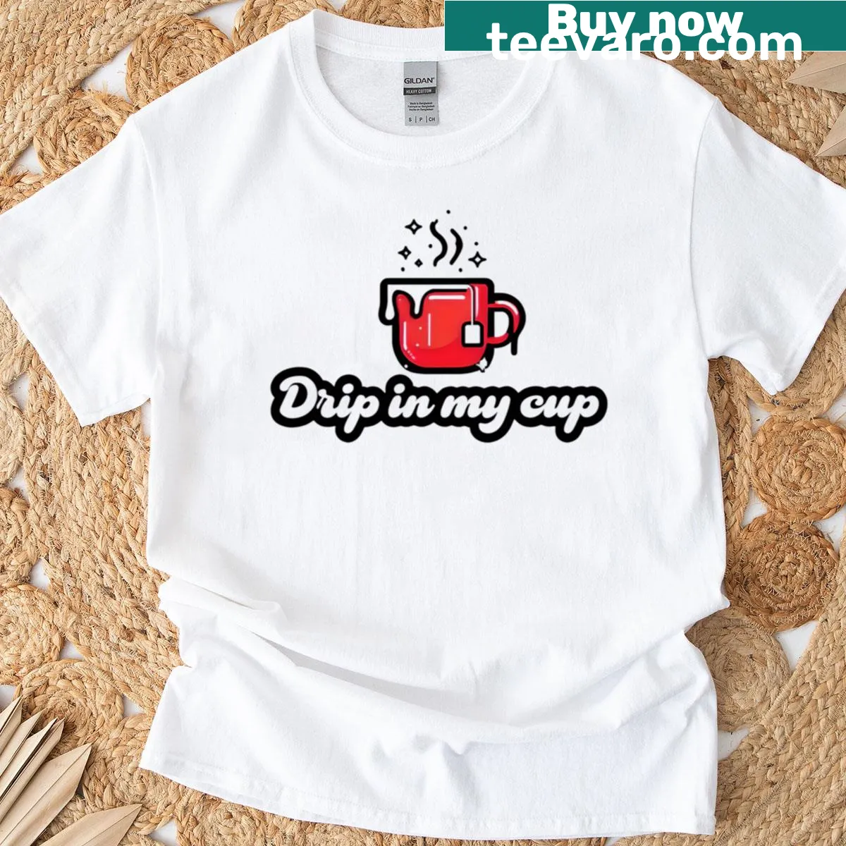 Funny coffee-themed t-shirt with Drip In My Cup text — on a men's t-shirt