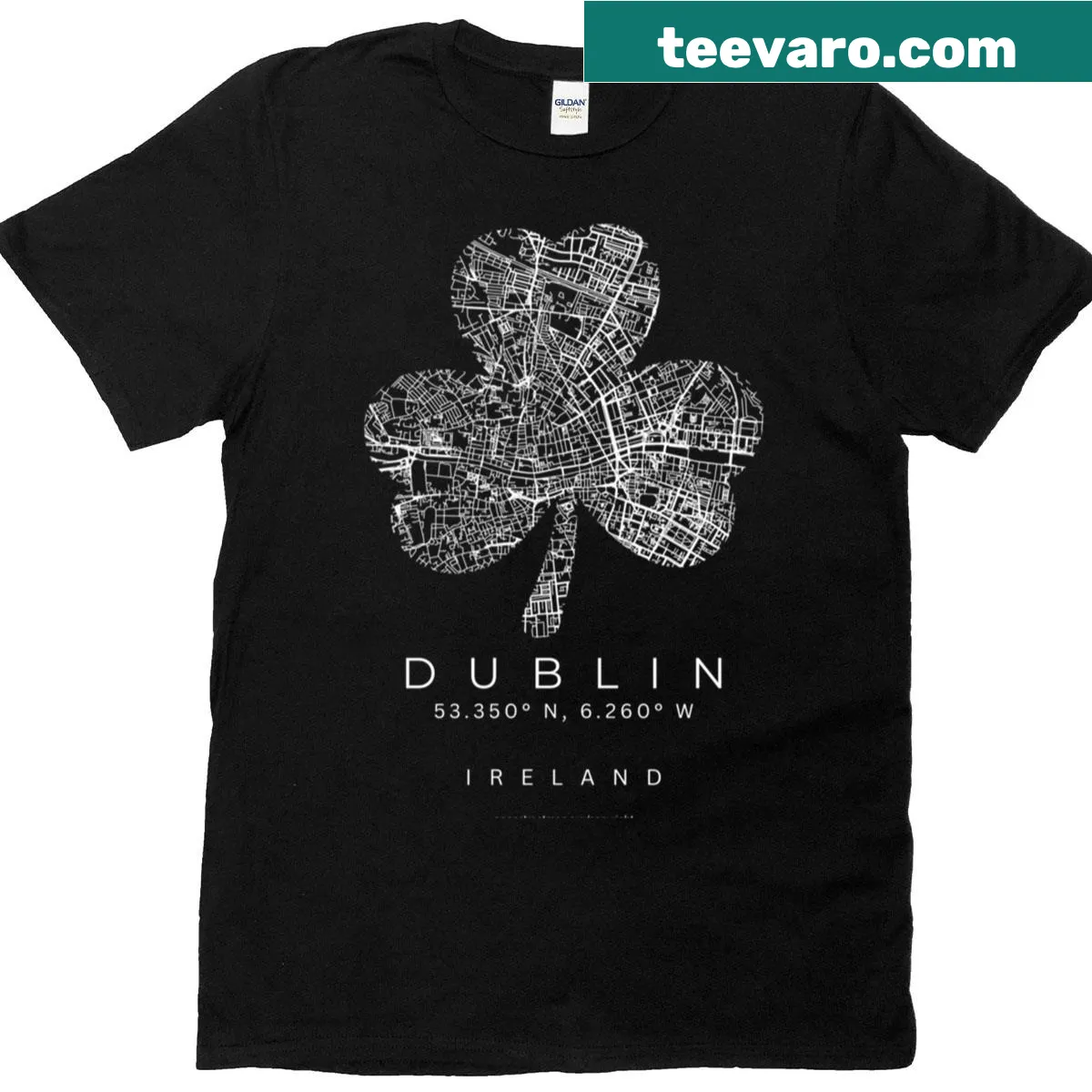 Minimalist Dublin city map T-shirt with shamrock — on a men's t-shirt