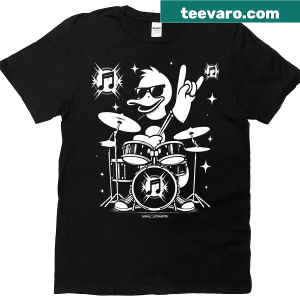 Whimsical Duck Drummer t-shirt featuring a duck playing drums