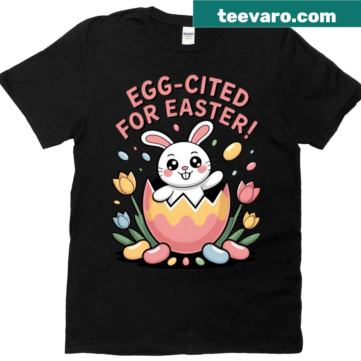 Cute Easter t-shirt featuring a bunny and decorated eggs — on a men's t-shirt