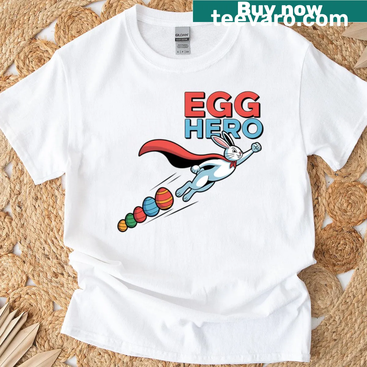Cute Easter T-shirt featuring a heroic bunny with egg hunt design — on a men's t-shirt