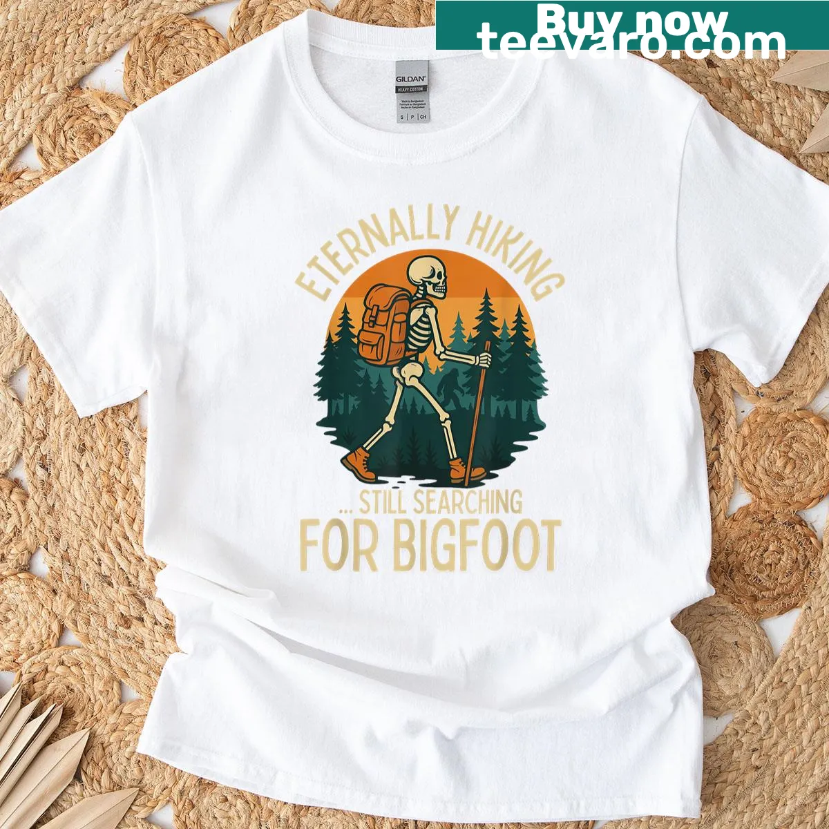 Funny skeleton with Bigfoot on a hiking T-shirt. — on a men's t-shirt
