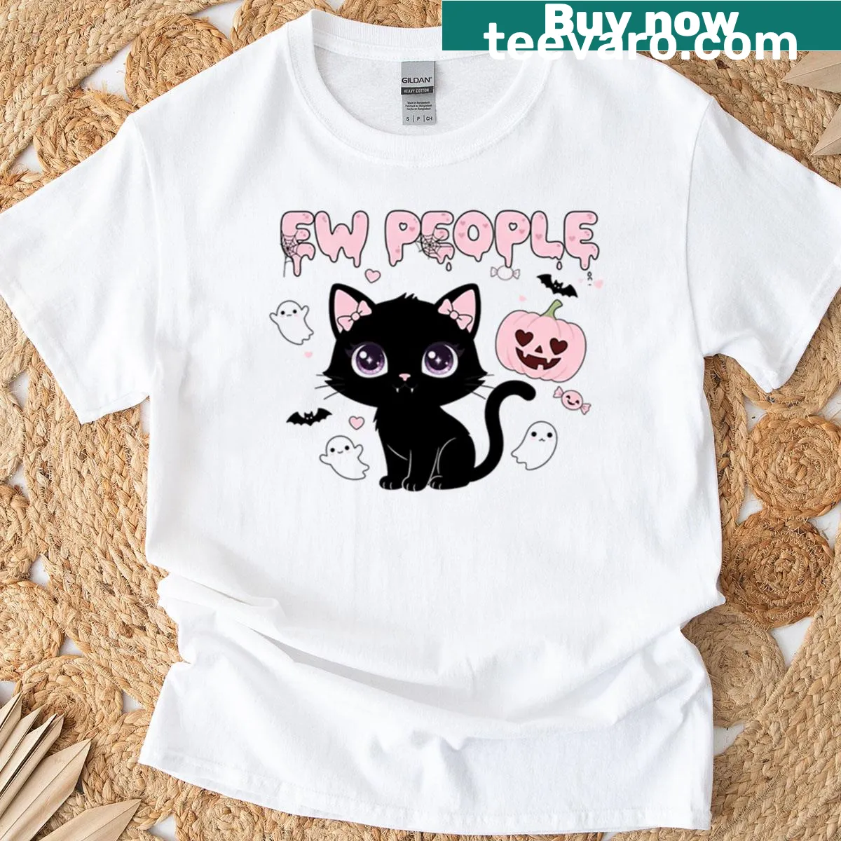 Cute black cat graphic with pastel goth style and text — on a men's t-shirt