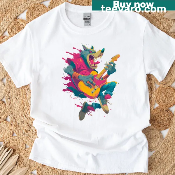 Bold werewolf guitarist t-shirt with expressive splatter art