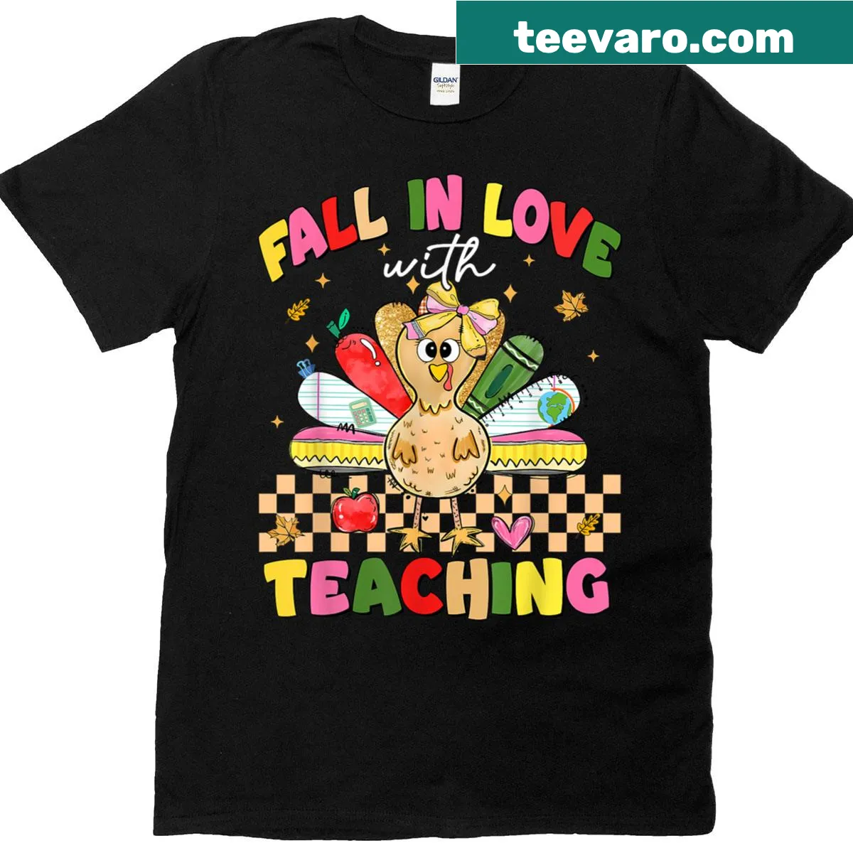 Warm illustration t-shirt with 'Fall In Love With Teaching' text — on a men's t-shirt