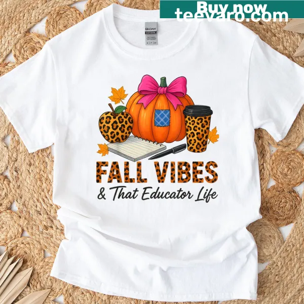 Cute Thanksgiving-themed teacher t-shirt with fall illustrations