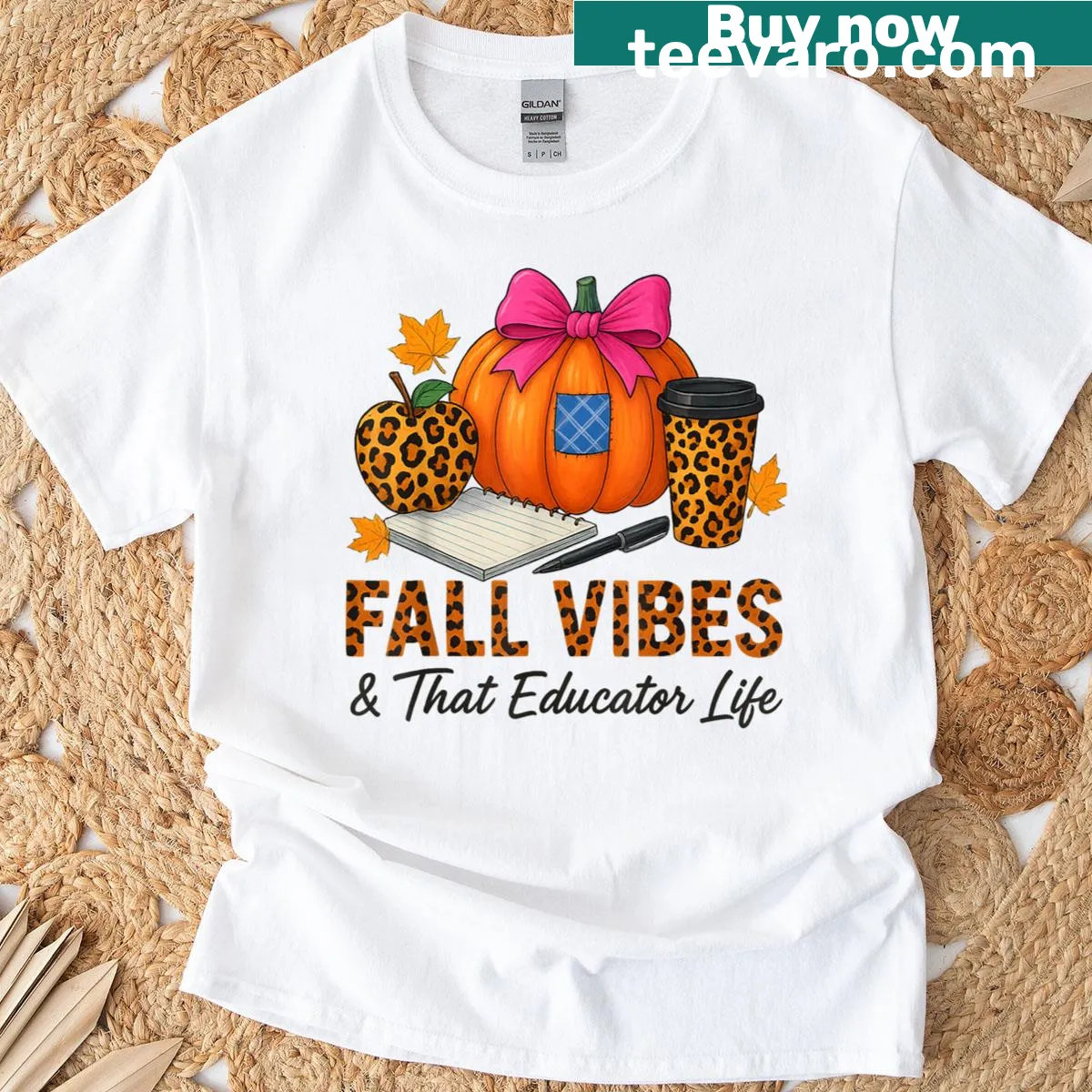 Cute Thanksgiving-themed teacher t-shirt with fall illustrations — on a men's t-shirt