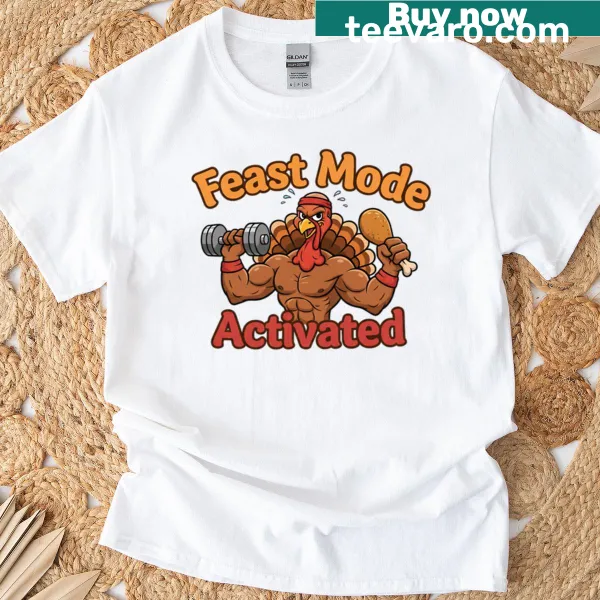 Humorous oversized t-shirt with a turkey and 'Feast Mode Activated' text