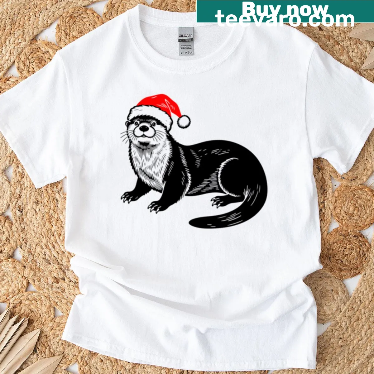 Silhouette of a sea otter wearing a Santa hat for holiday wear — on a men's t-shirt