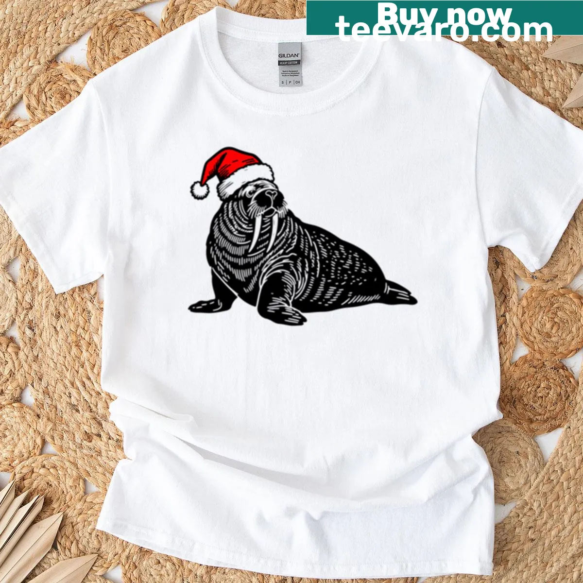 Walrus silhouette wearing a Santa hat on a T-shirt. — on a men's t-shirt